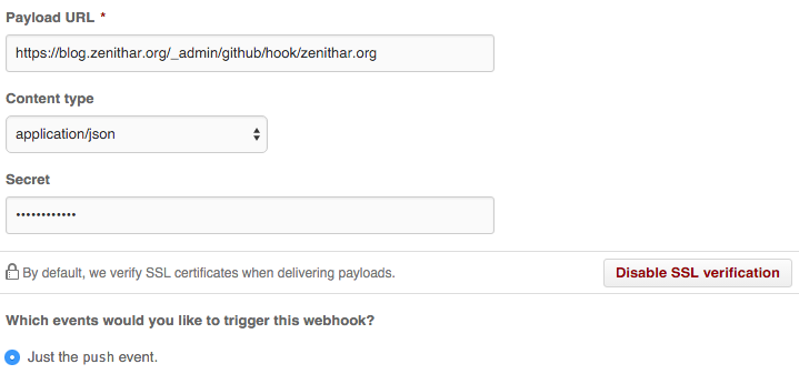 Github webhook settings